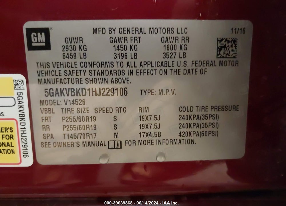 2017 BUICK ENCLAVE VIN: 5GAKVBKD1HJ229106