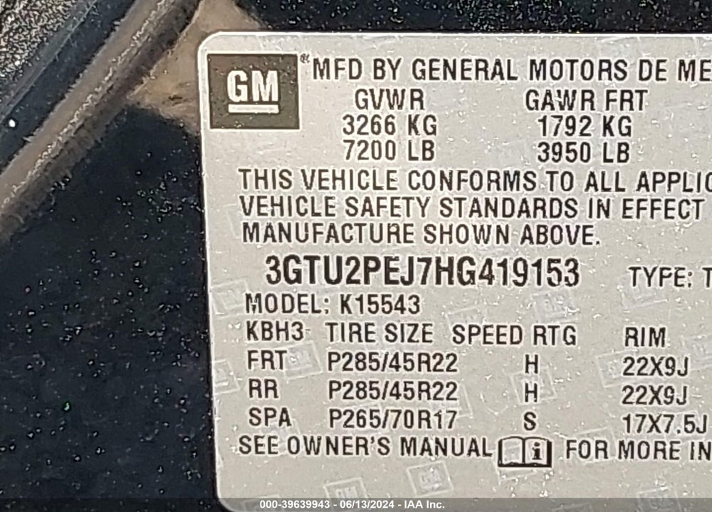 2017 GMC SIERRA 1500 DENALI VIN: 3GTU2PEJ7HG419153
