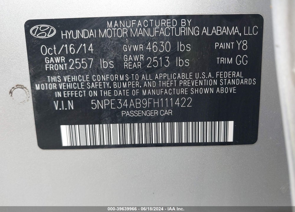 2015 HYUNDAI SONATA LIMITED 2.0T VIN: 5NPE34AB9FH111422