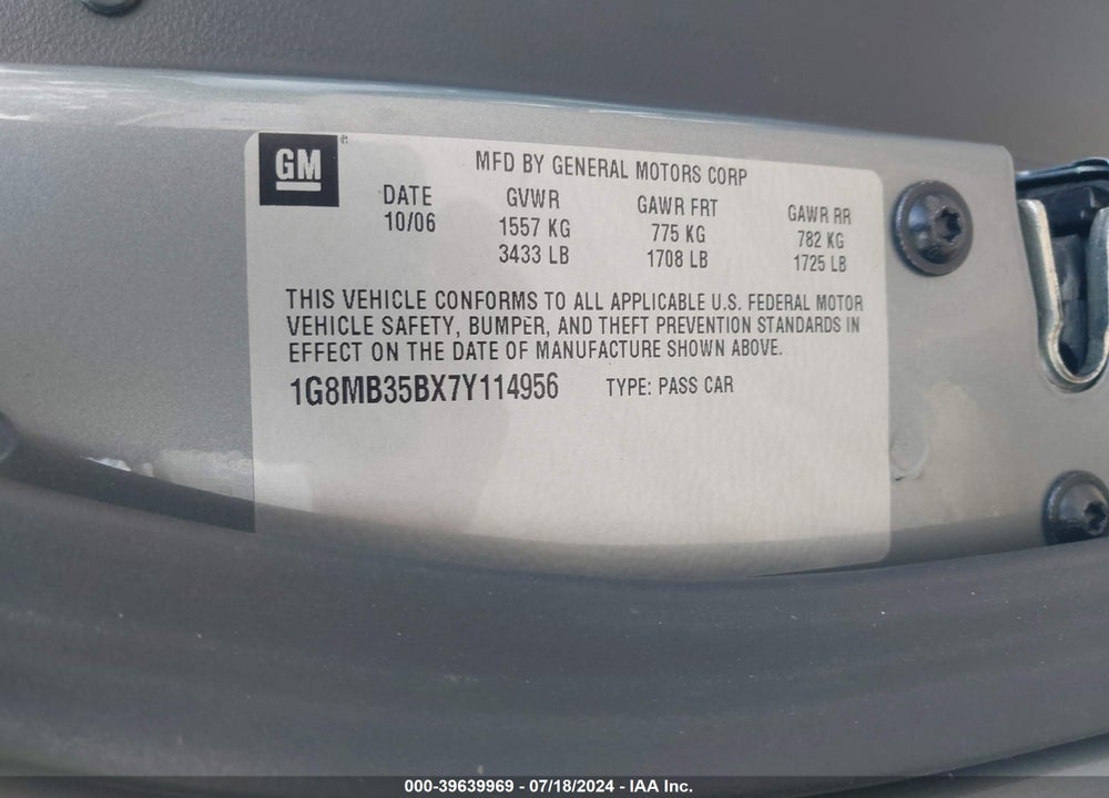 2007 SATURN SKY VIN: 1G8MB35BX7Y114956