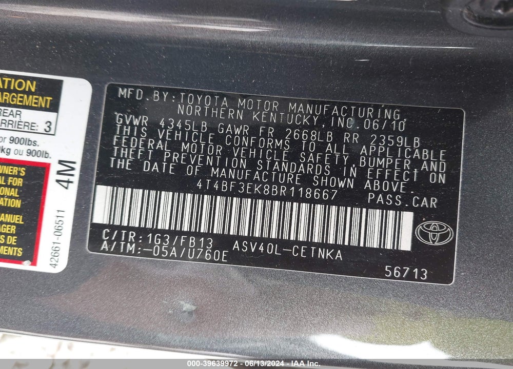 2011 TOYOTA CAMRY LE VIN: 4T4BF3EK8BR118667