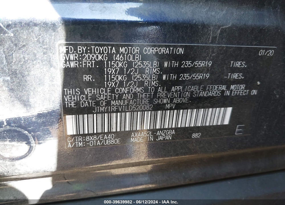 2020 TOYOTA RAV4 LIMITED VIN: JTMY1RFV1LD520082