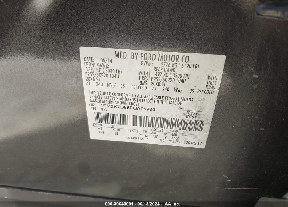 2015 FORD EXPLORER XLT VIN: 1FM5K7D85FGA06980