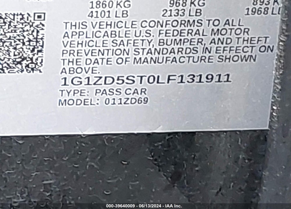 2020 CHEVROLET MALIBU FWD LT VIN: 1G1ZD5ST0LF131911