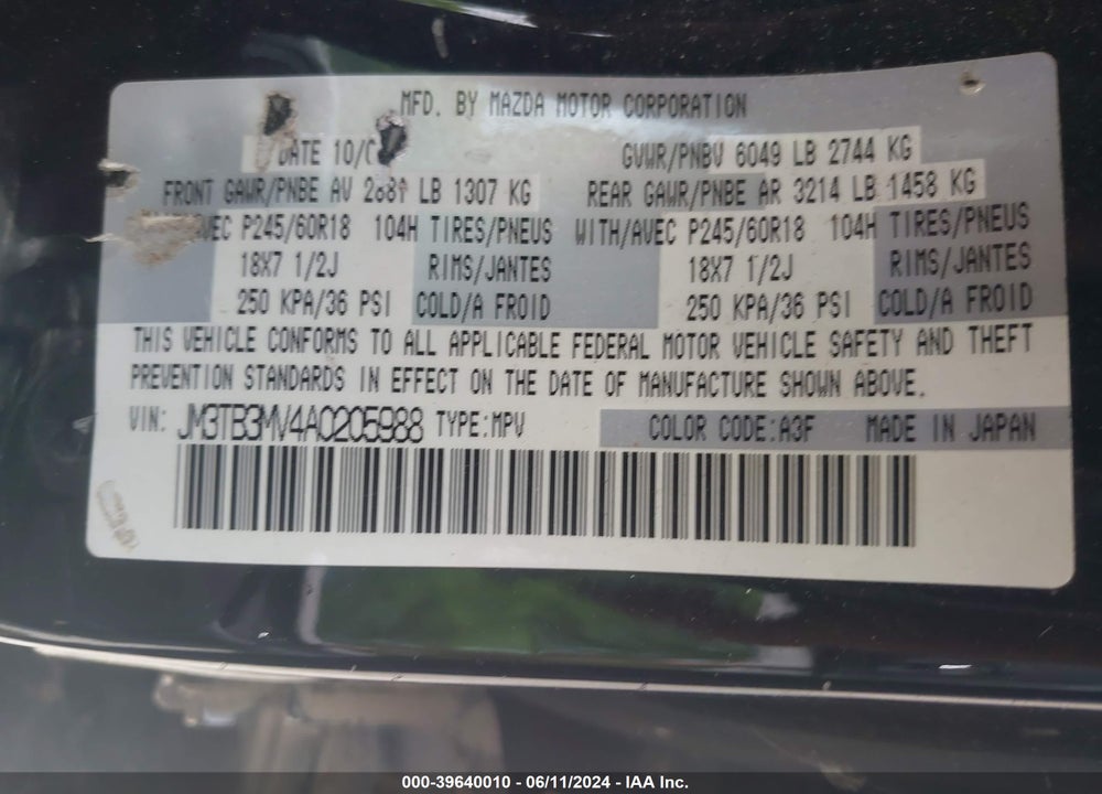 2010 MAZDA CX-9 TOURING VIN: JM3TB3MV4A0205988