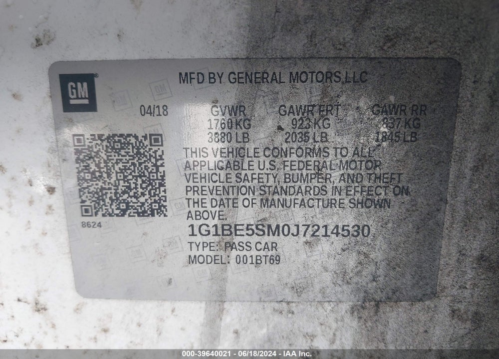 2018 CHEVROLET CRUZE LT AUTO VIN: 1G1BE5SM0J7214530