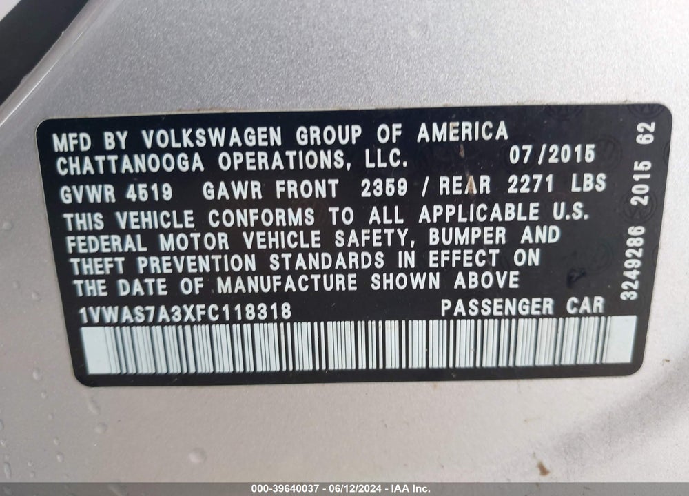 2015 VOLKSWAGEN PASSAT VIN: 1VWAS7A3XFC118318