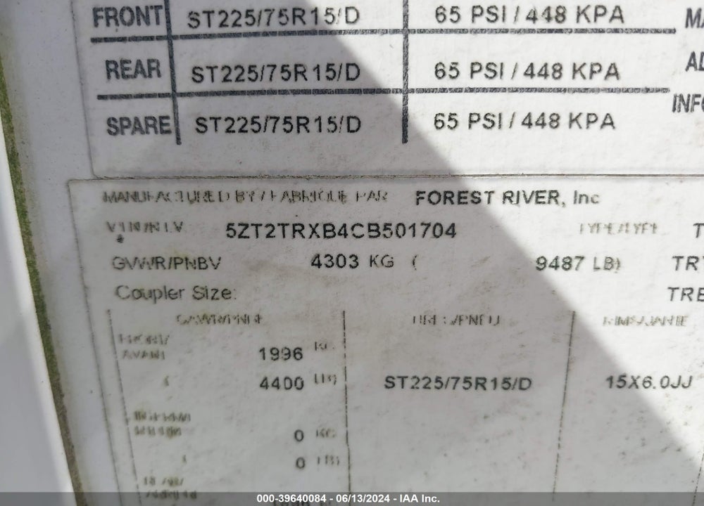 2012 TRACER EXECUTIVE 3150 BHD VIN: 5ZT2TRXB4CB501704