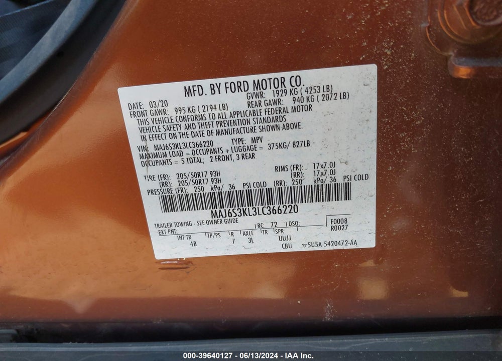 2020 FORD ECOSPORT TITANIUM VIN: MAJ6S3KL3LC366220