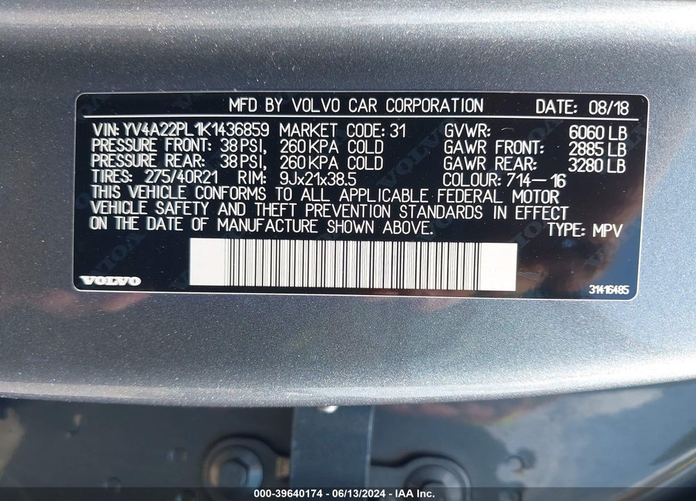 2019 VOLVO XC90 T6 INSCRIPTION VIN: YV4A22PL1K1436859