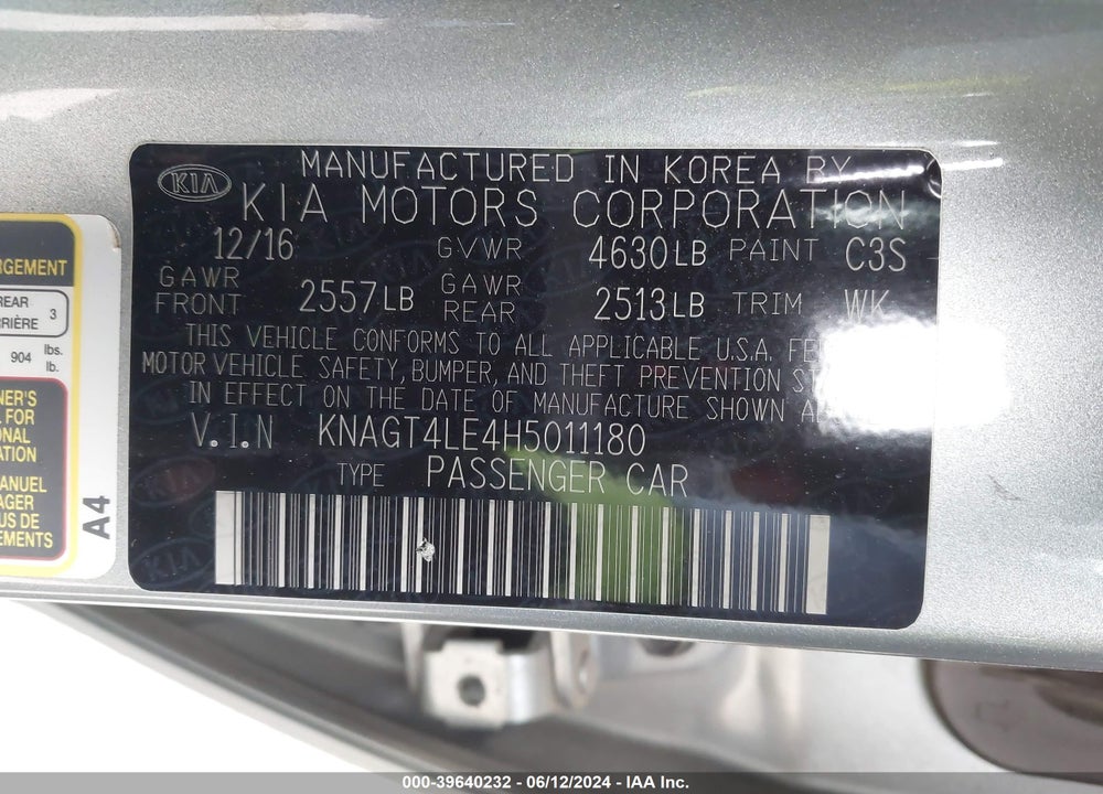 2017 KIA OPTIMA HYBRID VIN: KNAGT4LE4H5011180