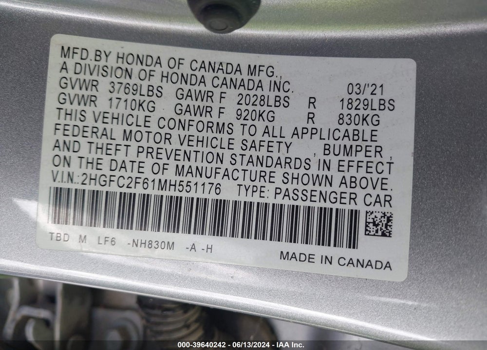2021 HONDA CIVIC LX VIN: 2HGFC2F61MH551176