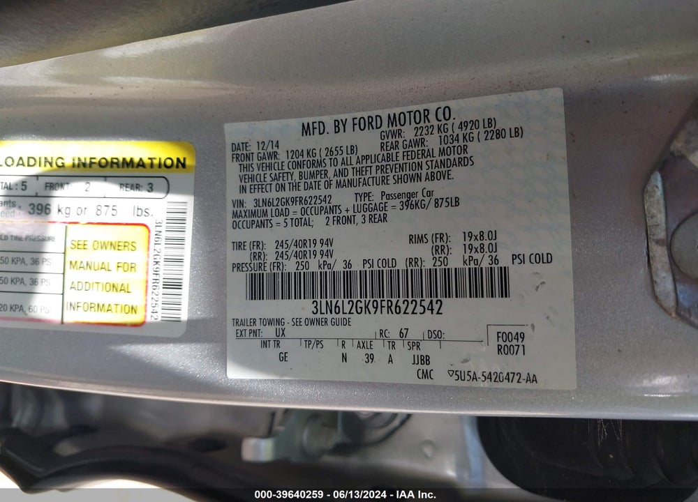 2015 LINCOLN MKZ VIN: 3LN6L2GK9FR622542