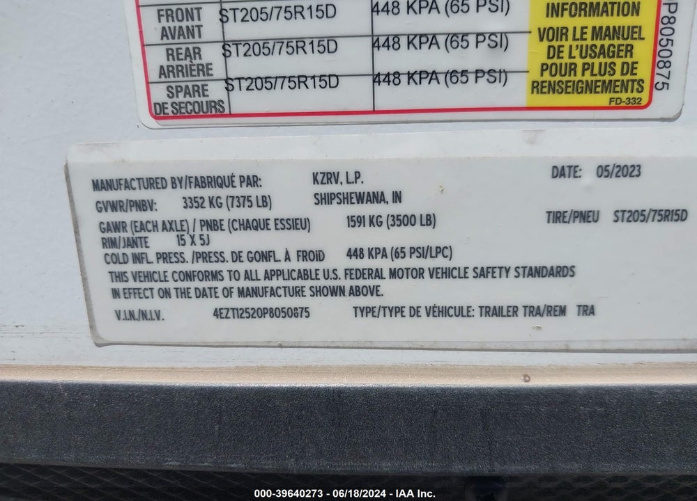 2023 VENTURE TRAVEL TRAILER VIN: 4EZT12520P8050875