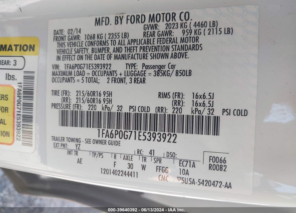 2014 FORD FUSION S VIN: 1FA6P0G71E5393922