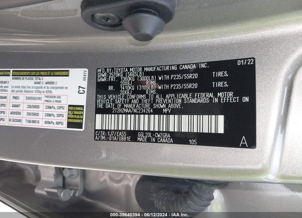 2022 LEXUS RX 350 VIN: 2T2HZMAA7NC234264
