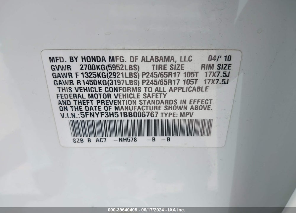 2011 HONDA PILOT EX-L VIN: 5FNYF3H51BB006767