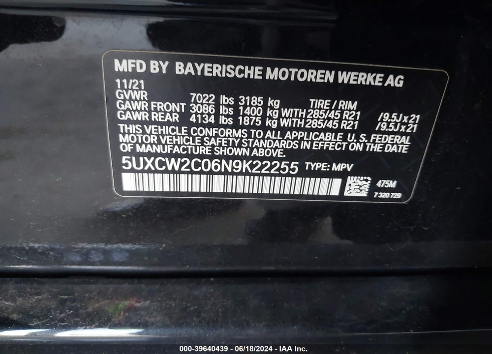 2022 BMW X7 XDRIVE40I VIN: 5UXCW2C06N9K22255