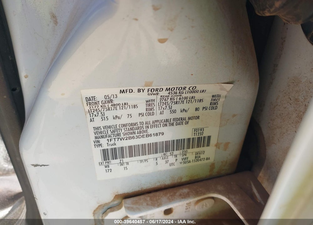 2013 FORD F-250 XL VIN: 1FT7W2B63DEB61879