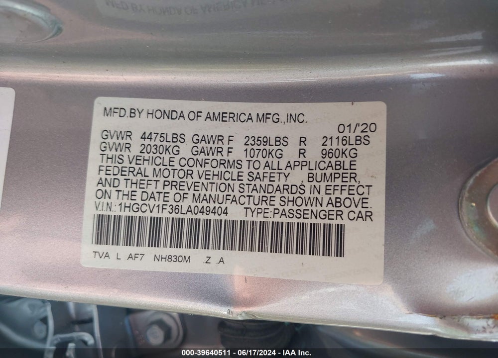 2020 HONDA ACCORD VIN: 1HGCV1F36LA049404
