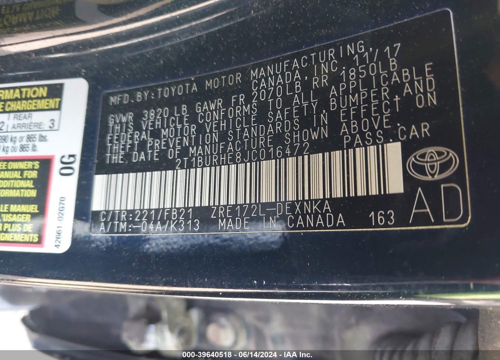 2018 TOYOTA COROLLA LE VIN: 2T1BURHE8JC016472