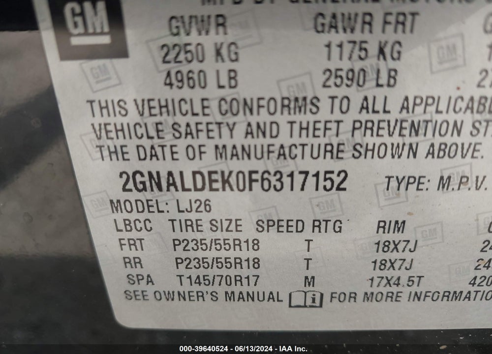 2015 CHEVROLET EQUINOX LTZ VIN: 2GNALDEK0F6317152