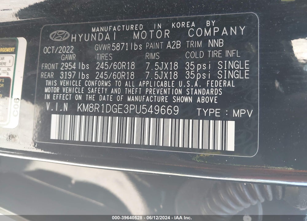 2023 HYUNDAI PALISADE SE VIN: KM8R1DGE3PU549669