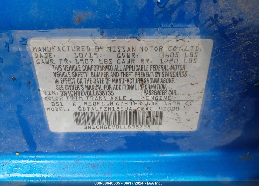 2020 NISSAN VERSA SV XTRONIC CVT VIN: 3N1CN8EV0LL838735