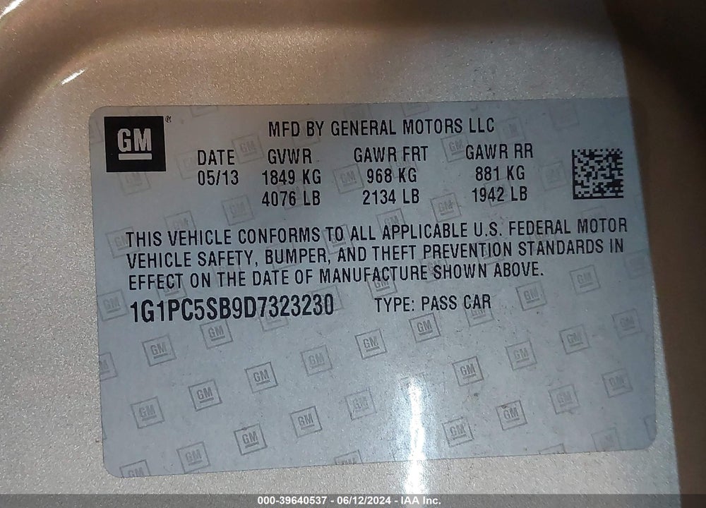 2013 CHEVROLET CRUZE 1LT AUTO VIN: 1G1PC5SB9D7323230