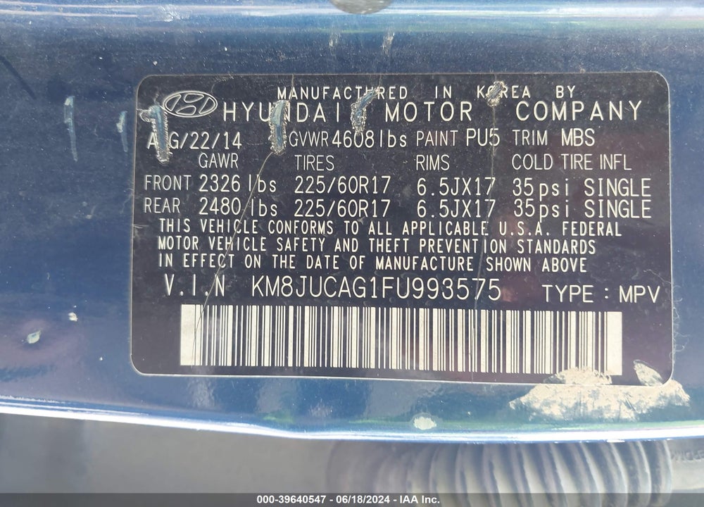 2015 HYUNDAI TUCSON SE VIN: KM8JUCAG1FU993575