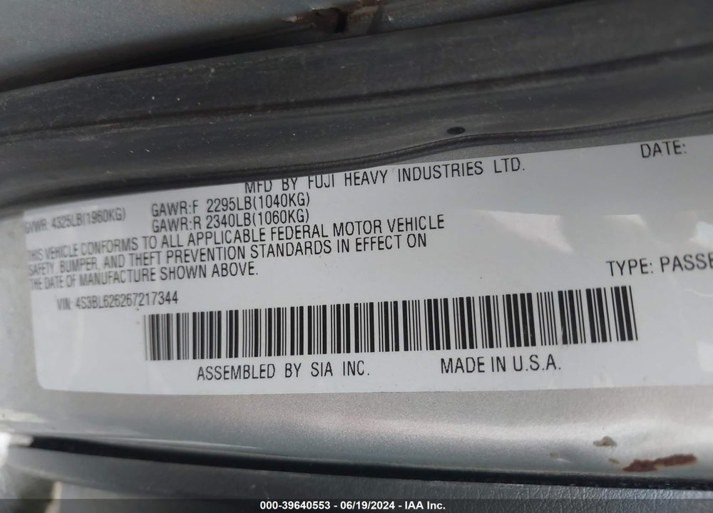 2006 SUBARU LEGACY 2.5I VIN: 4S3BL626267217344