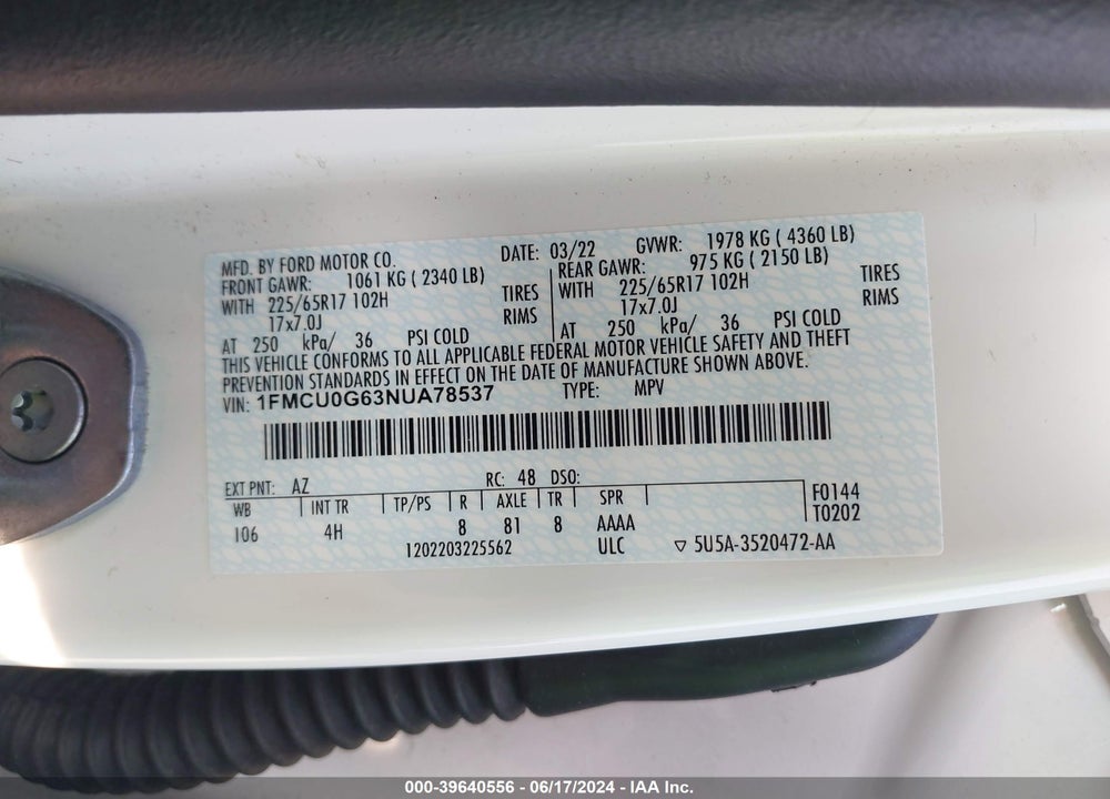 2022 FORD ESCAPE SE VIN: 1FMCU0G63NUA78537