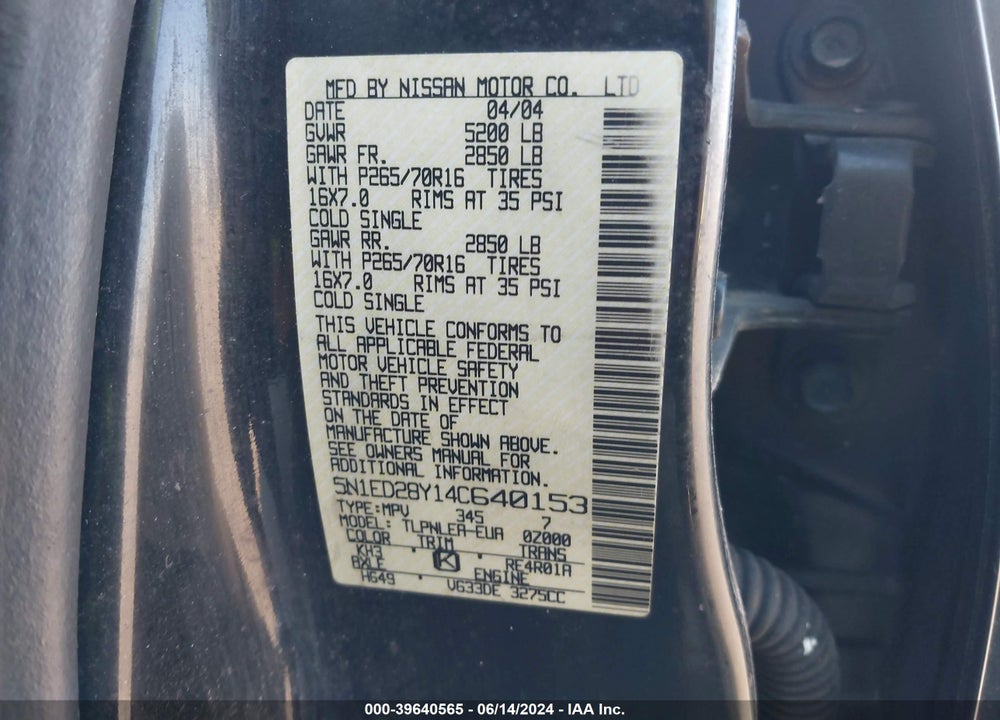 2004 NISSAN XTERRA VIN: 5N1ED28Y14C640153