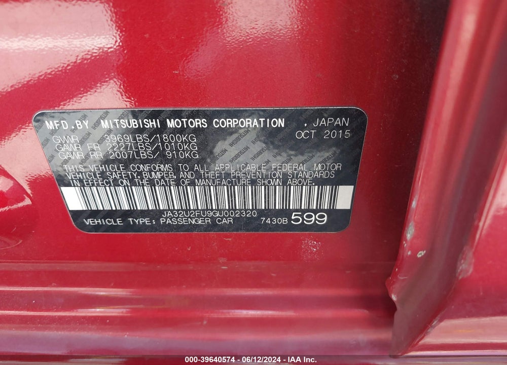2016 MITSUBISHI LANCER ES VIN: JA32U2FU9GU002320