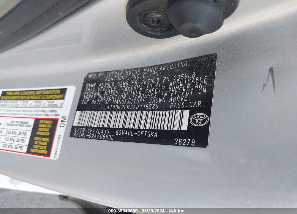 2010 TOYOTA CAMRY XLE V6 VIN: 4T1BK3EK3AU116586