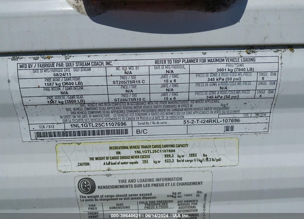 2012 GULF STREAM INNSBRUCK VIN: 1NL1GTL25C1107696