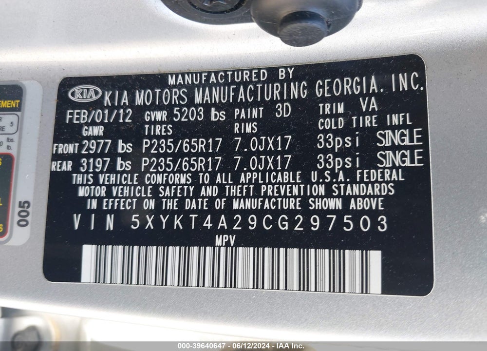 2012 KIA SORENTO LX V6 VIN: 5XYKT4A29CG297503