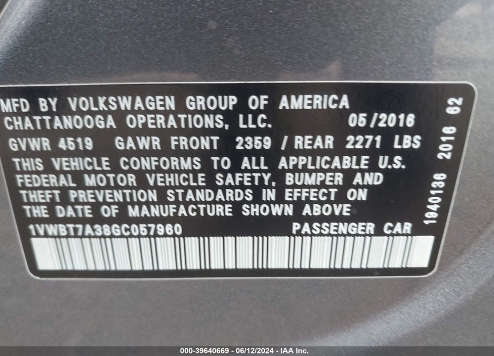 2016 VOLKSWAGEN PASSAT 1.8T SE VIN: 1VWBT7A38GC057960
