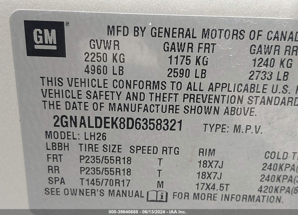 2013 CHEVROLET EQUINOX 1LT VIN: 2GNALDEK8D6358321