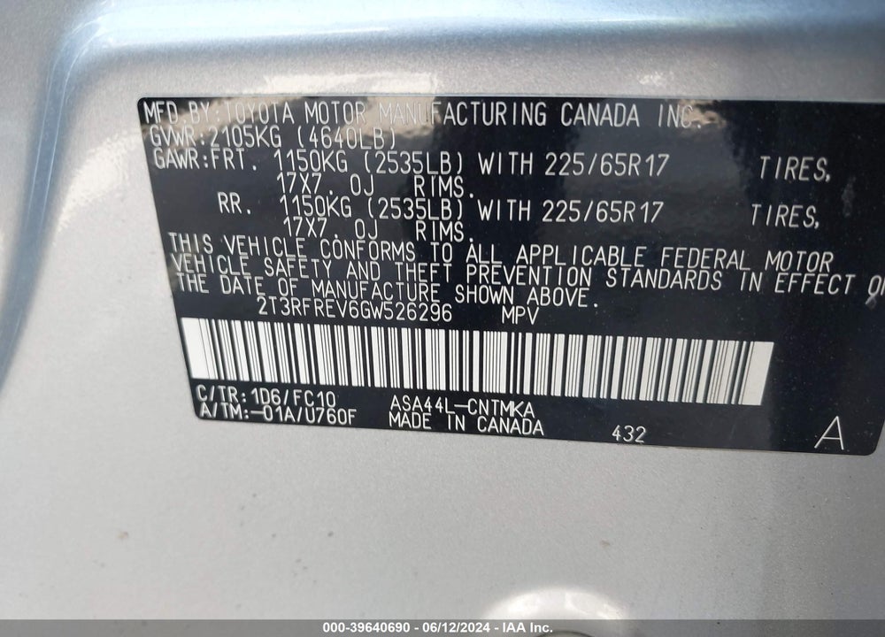 2016 TOYOTA RAV4 XLE VIN: 2T3RFREV6GW526296