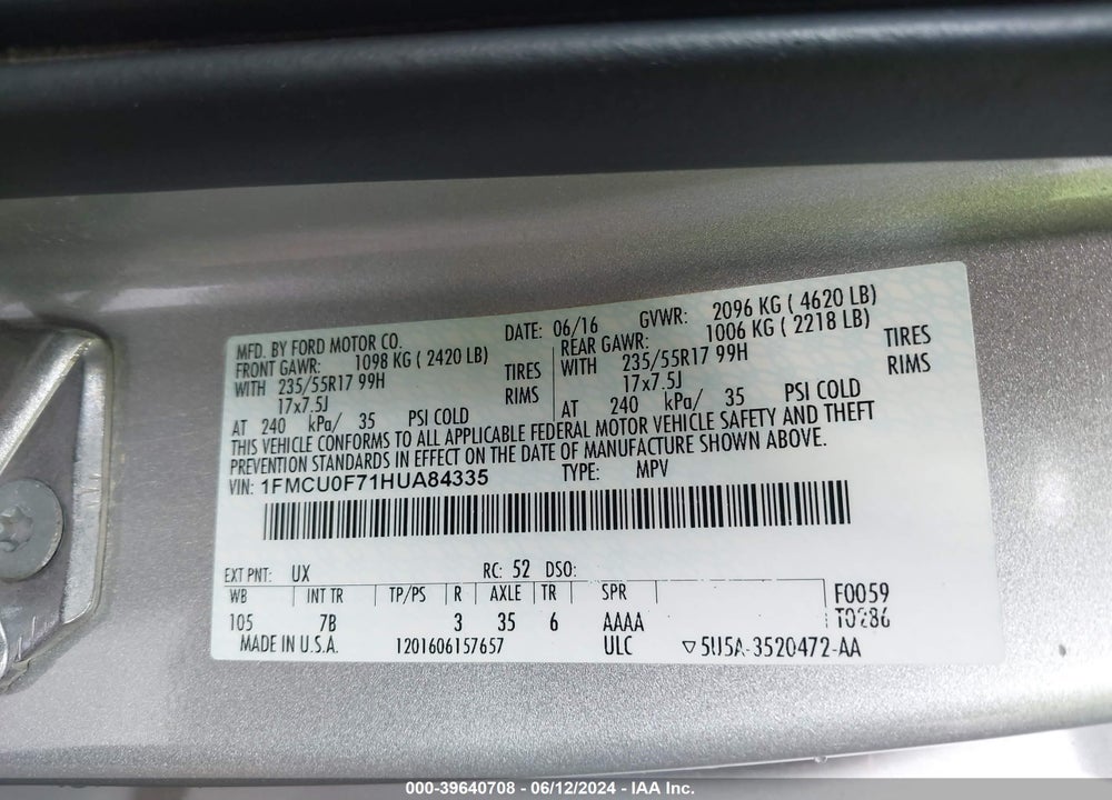 2017 FORD ESCAPE S VIN: 1FMCU0F71HUA84335