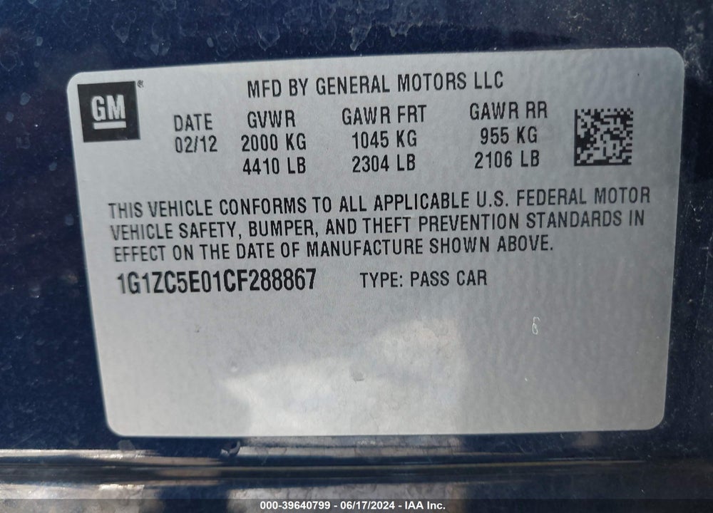 2012 CHEVROLET MALIBU 1LT VIN: 1G1ZC5E01CF288867