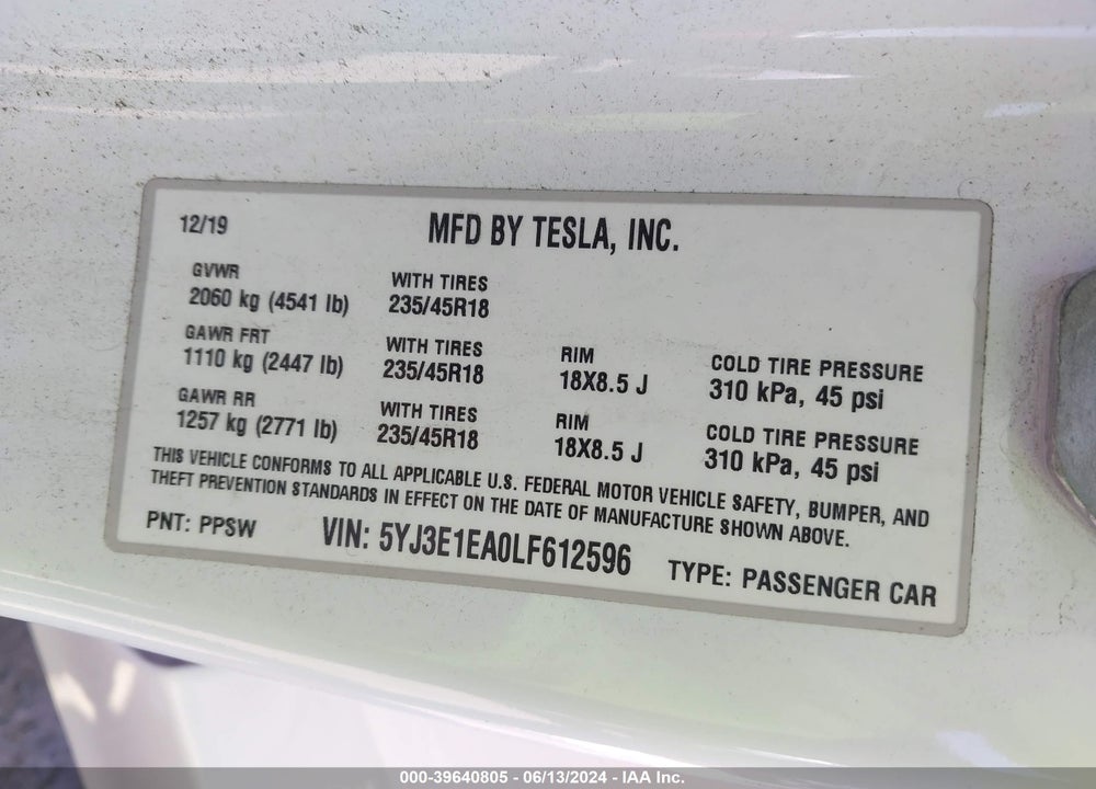 2020 TESLA MODEL 3 STANDARD RANGE PLUS REAR-WHEEL DRIVE/STANDARD RANGE REAR-WHEEL DRIVE VIN: 5YJ3E1EA0LF612596