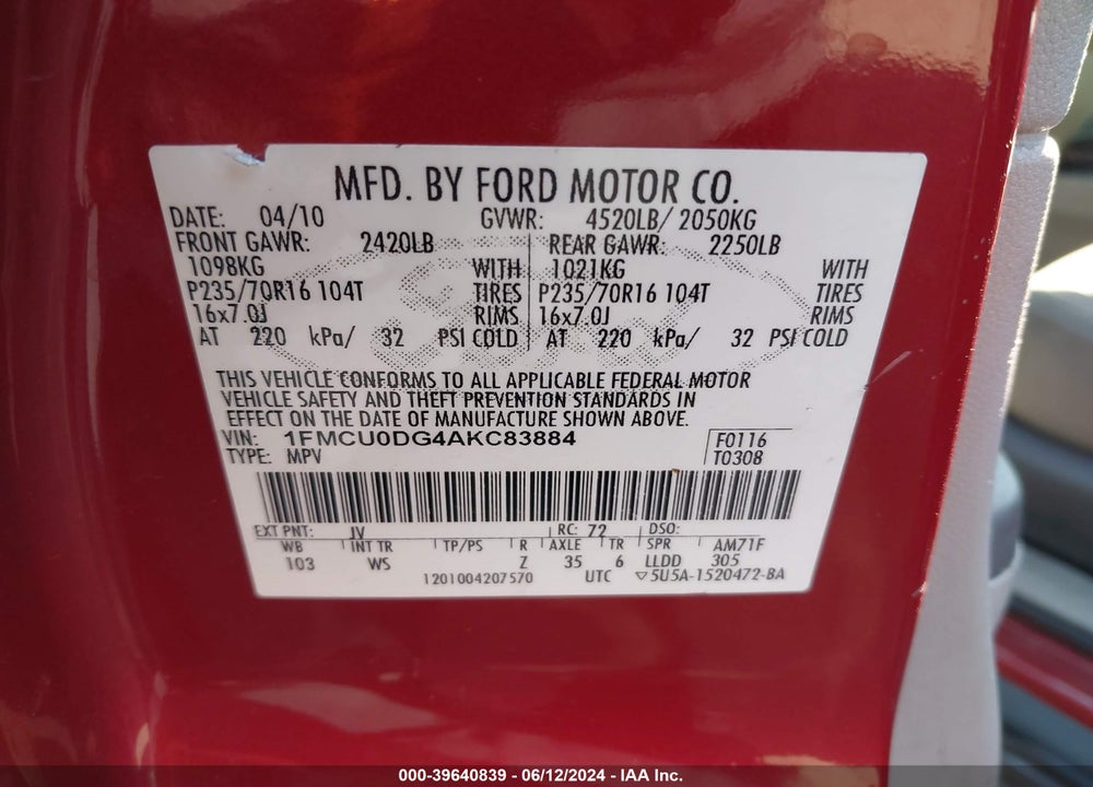 2010 FORD ESCAPE XLT VIN: 1FMCU0DG4AKC83884