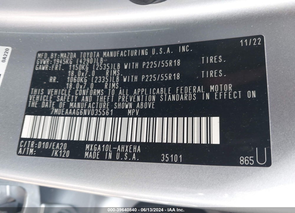 2022 TOYOTA COROLLA CROSS VIN: 7MUEAAAG6NV035561
