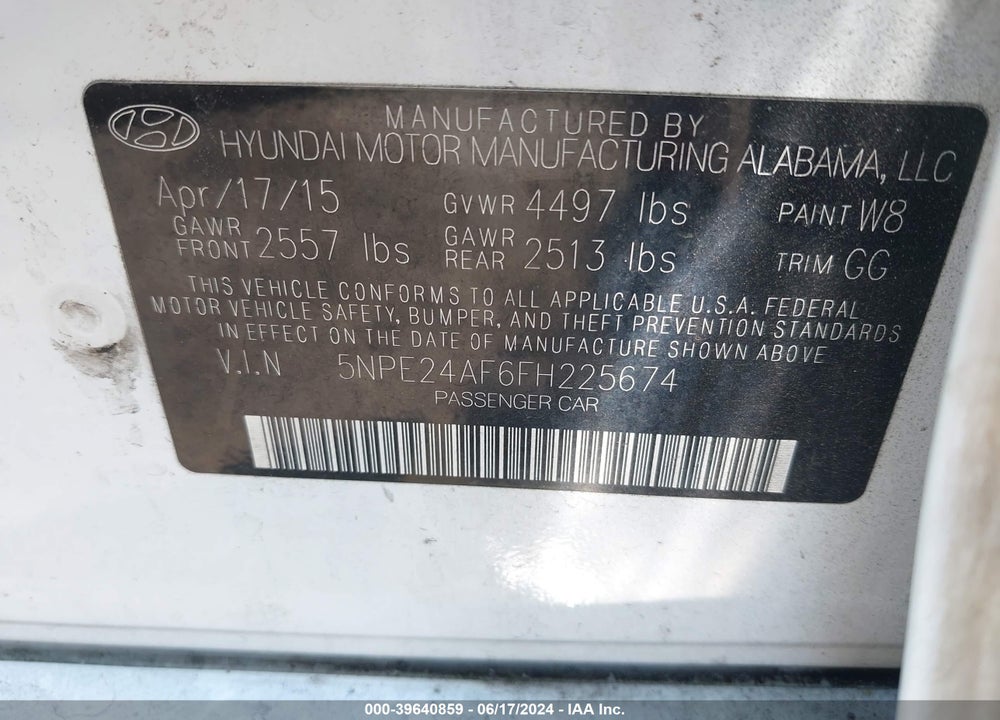 2015 HYUNDAI SONATA SE VIN: 5NPE24AF6FH225674