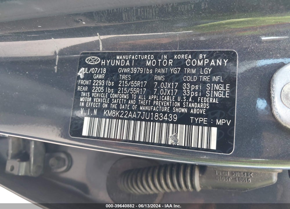 2018 HYUNDAI KONA SEL VIN: KM8K22AA7JU183439