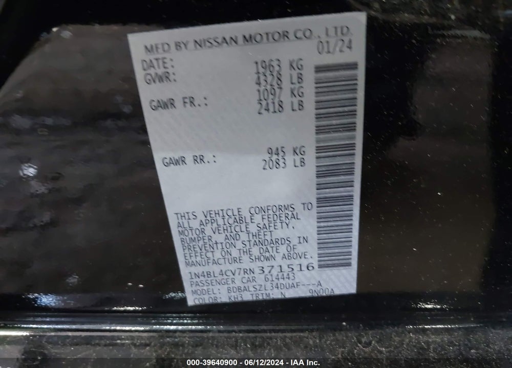 2024 NISSAN ALTIMA SR FWD VIN: 1N4BL4CV7RN371516