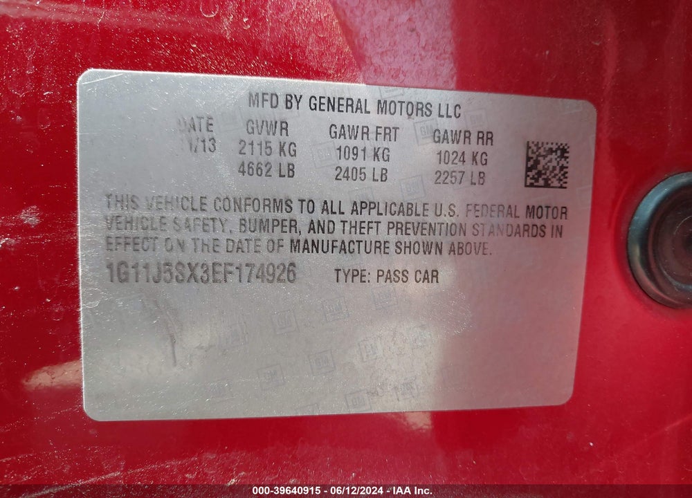 2014 CHEVROLET MALIBU 2LZ VIN: 1G11J5SX3EF174926