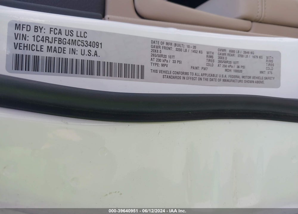 2021 JEEP GRAND CHEROKEE LIMITED 4X4 VIN: 1C4RJFBG4MC534091